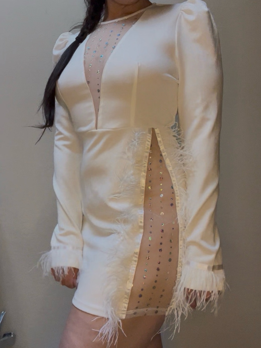 SHEIN Ivory Mini Dress with Feather Trim and Rhinestones